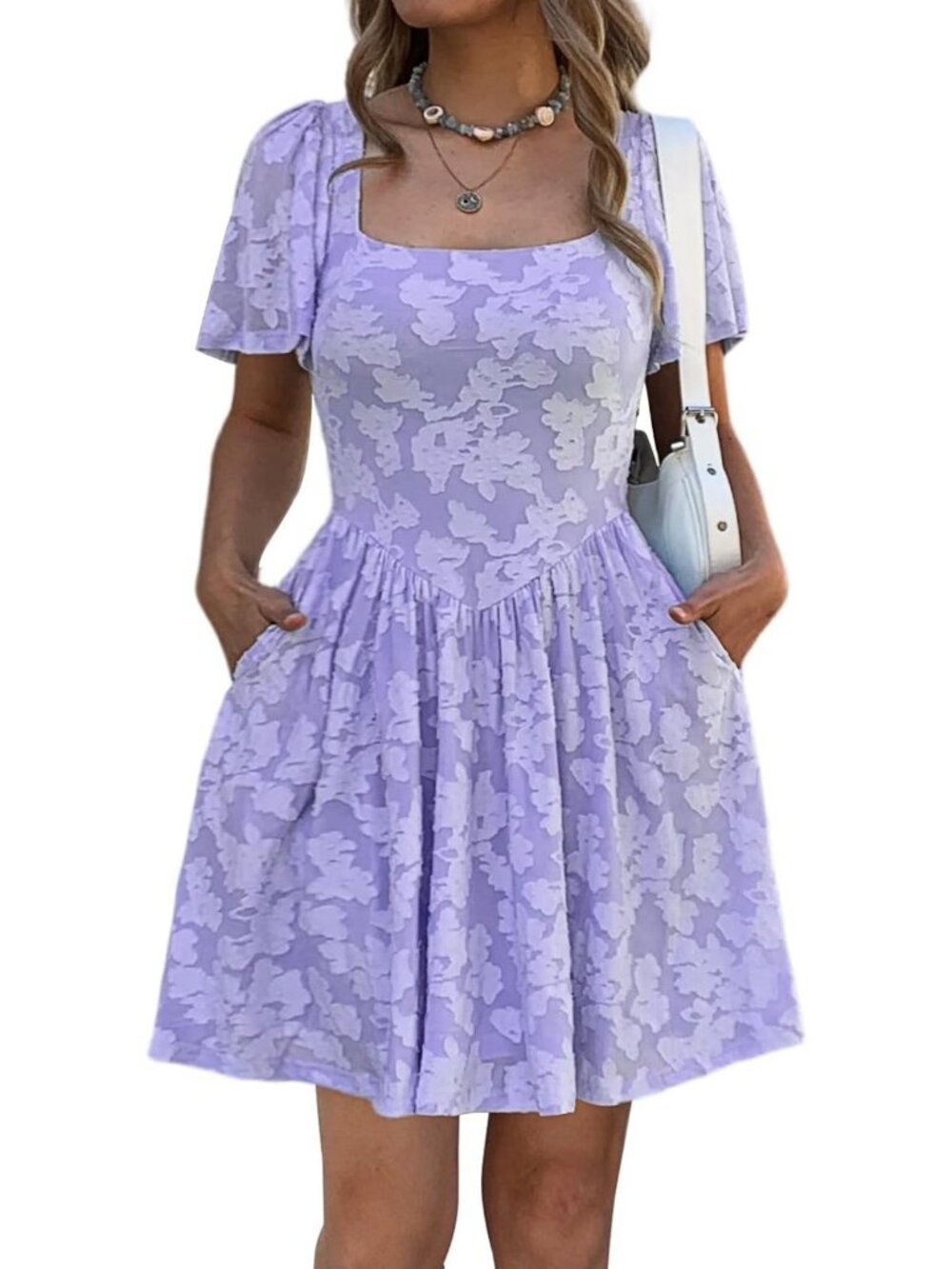 Floral Jacquard Square Neck Mini Dress | Short Sleeve A-Line Casual Wedding